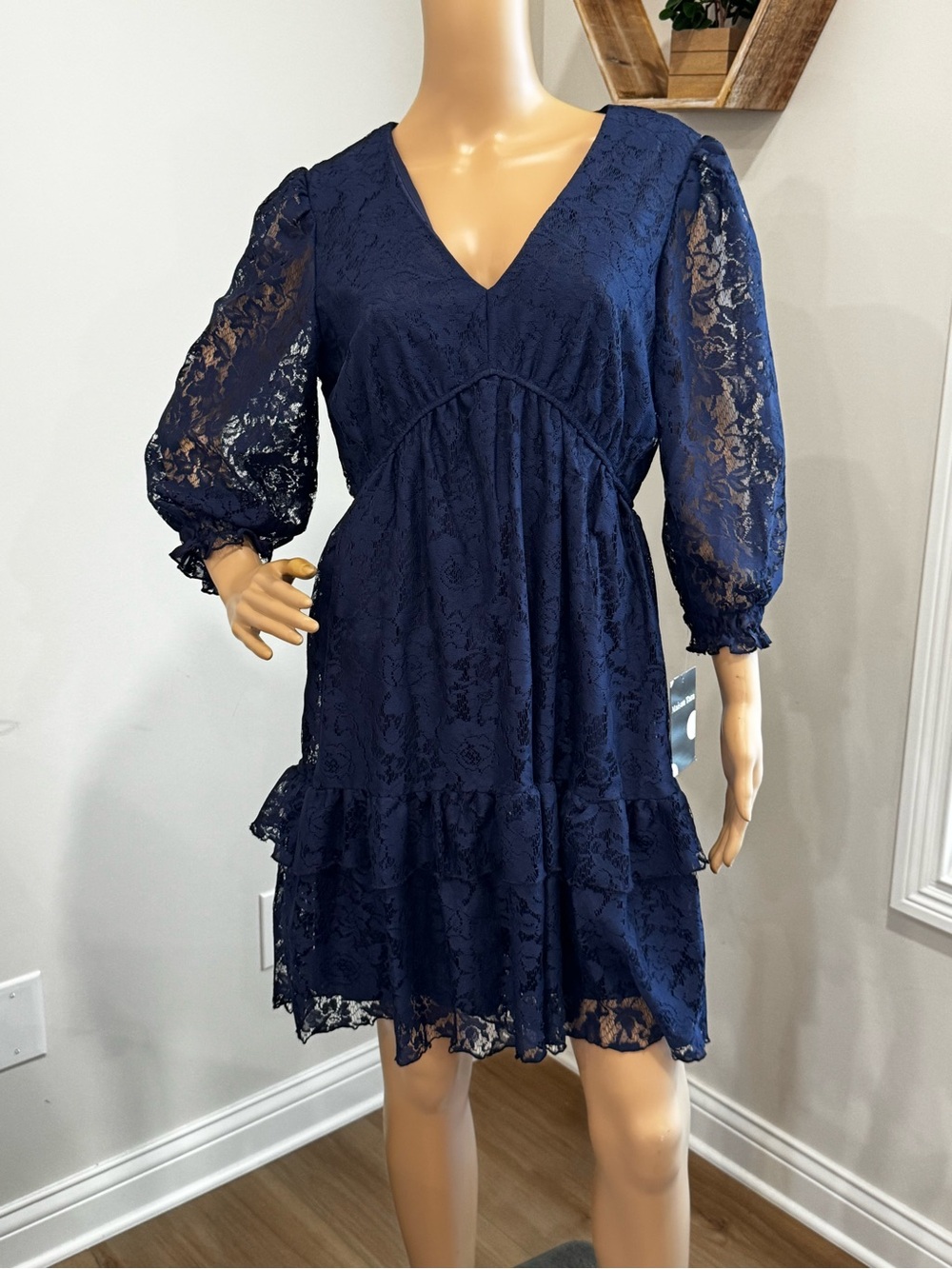 Maison Tara Navy Lace Dress Long Sleeve Ruffle Hem Size 10 NWT